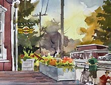 Loose watercolor of the train depot in Peninsula, OH in the Cuyahoga Valley National Park.