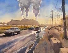 Watercolor painting of Quigley Ave, Cleveland, OH looking south with Cleveland Cliffs steel mill in the distance.