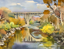 Loose plein air watercolor of the Cuyahoga River and the Rt 8 viaduct.