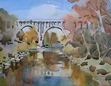 Loose plein air watercolor of the Rt 8 viaduct bridge over the Cuyahoga River in Peninsula, OH