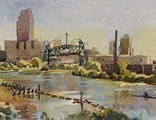 Loose watercolor of a lone sculler rows on the Cuyahoga River