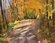 Loose watercolor of two walkers on the Towpath Trail in Peninsula, OH