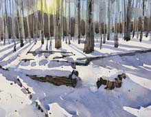 Loose watercolor of contre jour view of snowy forest scene with fallen trees.