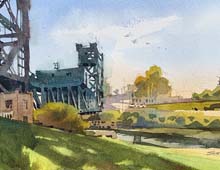 Loose watercolor of the Columbus Rd bridge