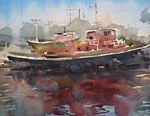 Loose watercolor of tugboat.