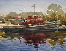 Loose watercolor of a Great Lakes tugboat.