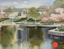 Plein air watercolor of Wade Lagoon in front of the Cleveland Museum of Art in spring.