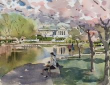 Watercolor of Wade Lagoon with the Cleveland Museum of Art in the distance.