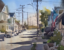 Loose plein air watercolor of Althen Ave. looking east with strong morning sun.