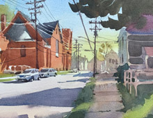 Plein air loose watercolor of a red brick church on Meyer Ave, Cleveland, OH.