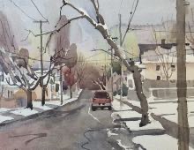 Plein air watercolor painted from the car of W 60th St.