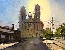 Loose watercolor of a backlit St. Coleman's Church