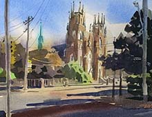 loose watercolor of St Stanislaus church in Slavic Village, Cleveland