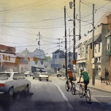 Loose watercolor of windshield view looking south on Broadview Ave. Cleveland, OH