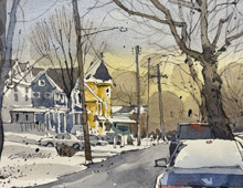 Pen and ink watercolor sketch of E 90th looking north in the Hough neighborhood of Cleveland.