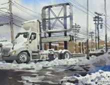 Loose watercolor of semi truck cab covered in snow parked in an abandoned Burger King parking lot.