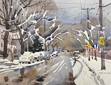 Loose watercolor of late winter snow on Monroe St in Cleveland.
