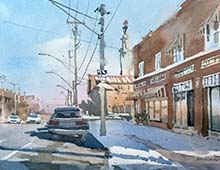 Plein air watercolor painted from the car of Lorain Ave, Cleveland looking east from W 104th St.