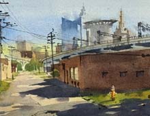 Loose plein air watercolor of the Cleveland Skyline as seen from Fall St. in the Flats.