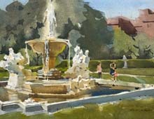 Loose plein air watercolor of the "Fountain of the Waters" by Chester Beach in the Fine Arts Garden at the Cleveland Museum of Art.