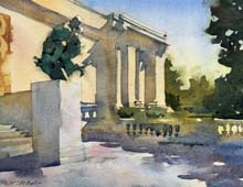 Loose plein air watercolor of Rodin's "The Thinker" at the south entrance of the Cleveland Museum of Art.