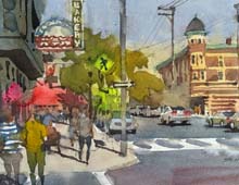 Loose plein air watercolor of the sidewalk in front of Presti's Bakery in Little Italy, Cleveland.