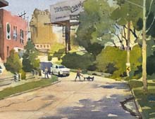 Loose plein air watercolor of W 17th Street in Ohio City, Cleveland.