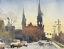 Watercolor of St Michael's Church from Clark Ave, Cleveland, OH.