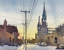 Watercolor of St Michael's Church from Scranton Ave, Cleveland, OH.