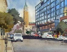 loose watercolor of view looking north on W 25th St at the West Side Market, Cleveland, OH