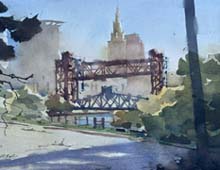 loose watercolor of the Cleveland Skyline and Carter Road bridge.