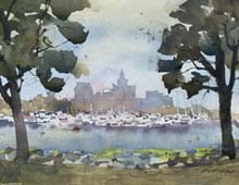 Loose watercolor of the Cleveland Skyline from Cleveland Lakefront State Park