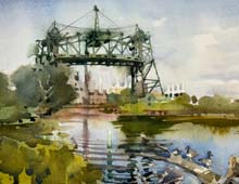 loose watercolor of the Eagle Avenue Bridge, Cleveland, OH