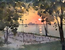 Loose plein air watercolor of the Volleyball Courts on Whiskey Island