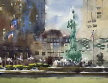 Loose plein air watercolor of Mall A and the Fountain of Eternal Peace in Cleveland, OH.