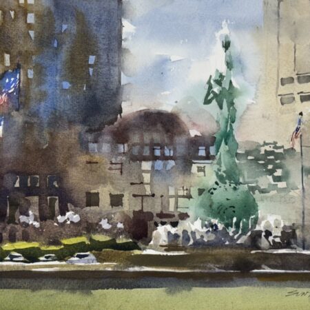 Loose plein air watercolor of Mall A and the Fountain of Eternal Peace in Cleveland, OH.