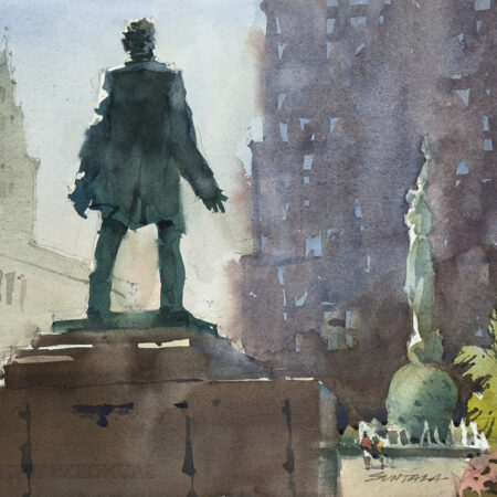 Loose plein air watercolor of the Lincoln statue as seen from behind in Mall A, Cleveland, OH.
