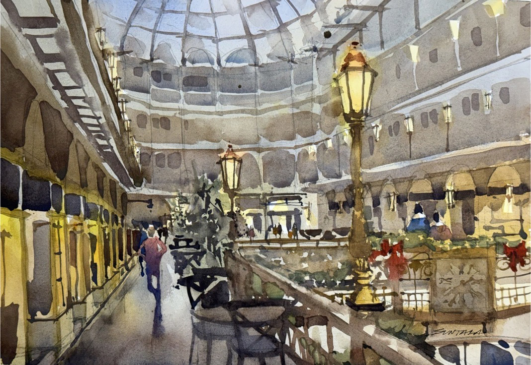 Loose plein air painting of the Cleveland Arcade.