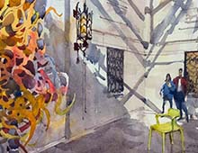 click for larger version of loose watercolor painting of The Edwards Court in the Columbus Museum of Art