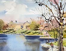 click for larger version of loose watercolor painting of Wade Lagoon and the Cleveland Museum of Art in springtime.