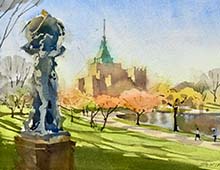 click for larger version of loose watercolor painting of Night Passing Into Day statue at Wade Lagoon in Cleveland, OH