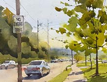 click for larger version of loose watercolor painting of Rt 82 in Strongsville, OH