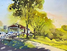 click for larger version of loose watercolor painting of the one lane covered bridge in Strongsville, OH