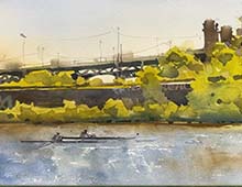 click for larger version of loose watercolor painting of Scullers on the Cuyahoga River