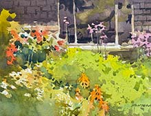 click for larger version of loose watercolor painting of Gardenview Horticultural Garden.