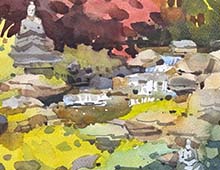 click for larger version of loose watercolor painting of a backyard pond