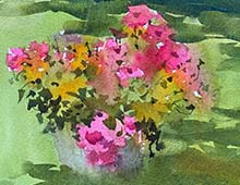 click for larger version of loose watercolor painting of A hanging flower basket